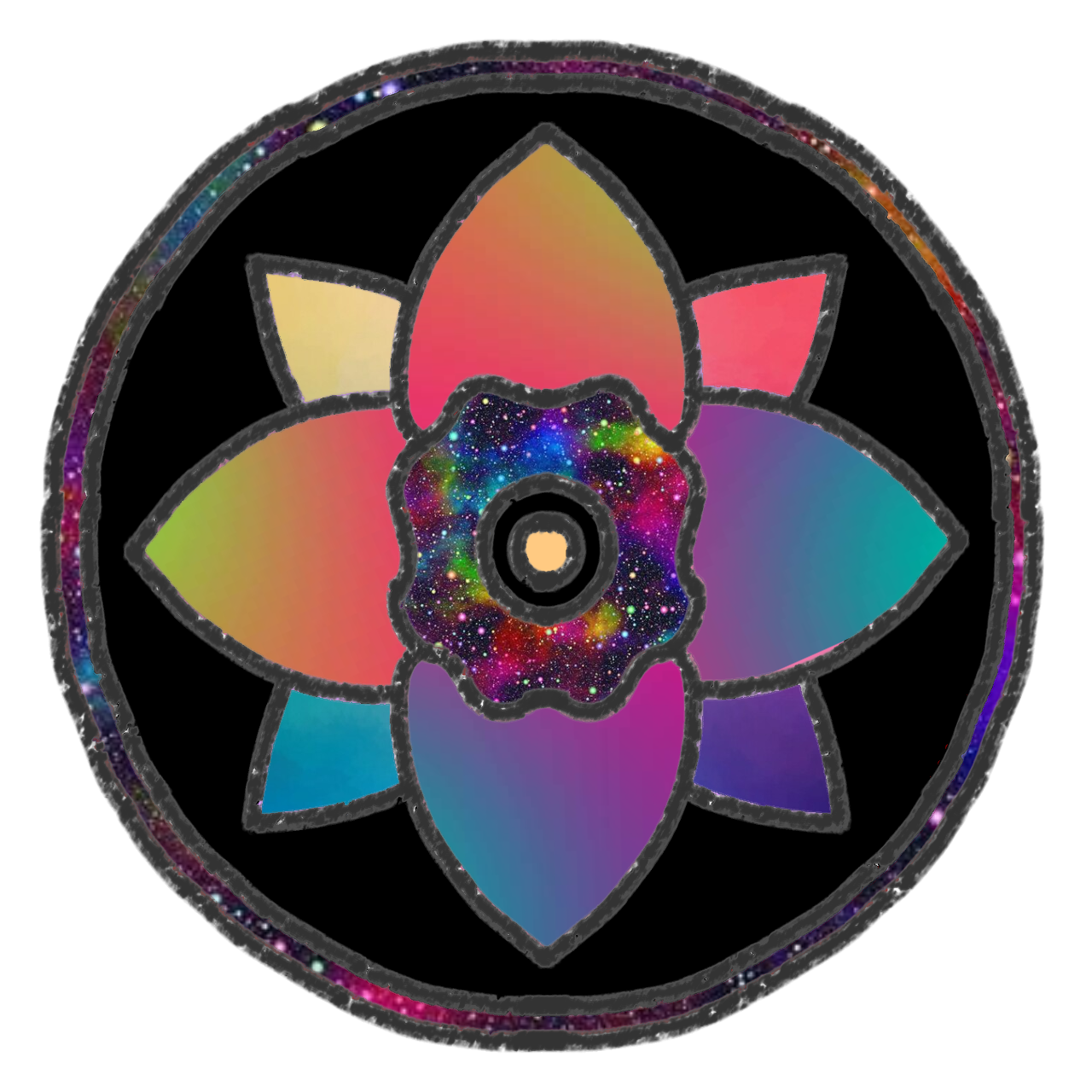 a stylized, symmetrical design with of a narcissus flower with six petals, each petal filled with a gradient of different colors, creating a vibrant, rainbow-like effect. The central area contains a galaxy or nebula-like texture with a starry appearance, Surrounding the flower is a circular border filled with a similar galaxy texture